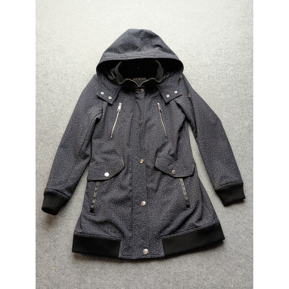 GUESS Women's Hooded Coat With Ribbed Hem & Sleeves Black/Gray Speckled Pockets